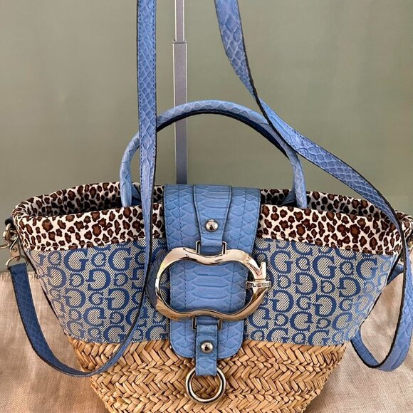 Vintage Guess Blue Logo Straw Tote with Leopard Trim - Picture 3 of 5